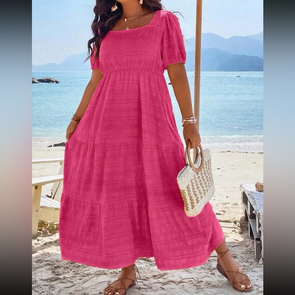 Boho plus size comfy square neck puff sleeve ruffle hem maxi dress - Picture 7 of 16